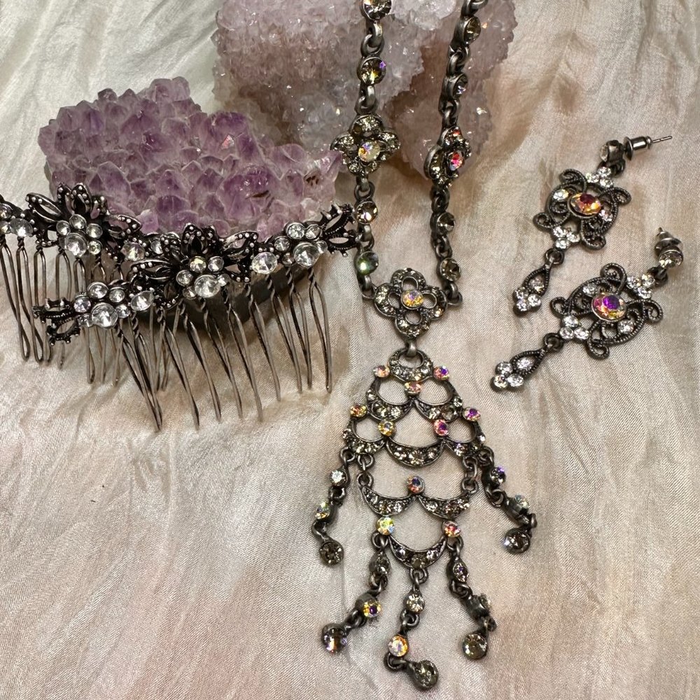 Rhinestone Necklace, Earrings and Hair Combs